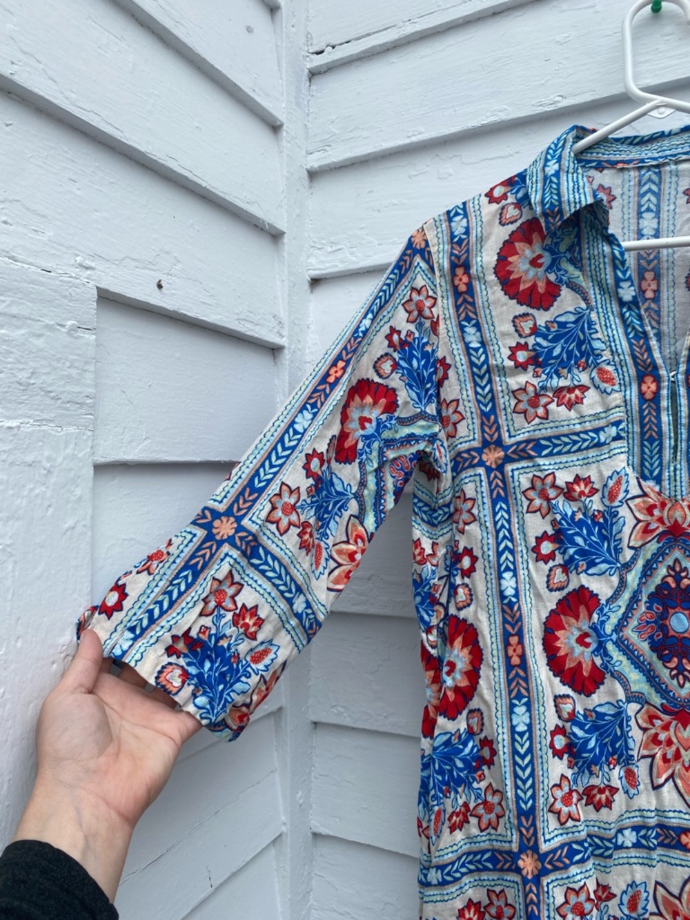 Floral Linen Tile-Print Midi Dress in Blue & Red Summer Beach Coverup🏝️ - Picture 3 of 7